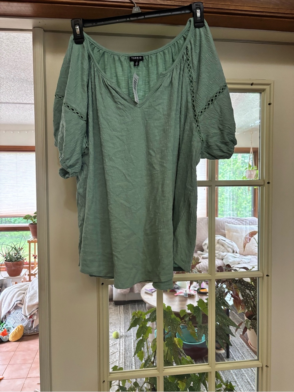 torrid Mint Green Textured V-Neck with Lace Accents